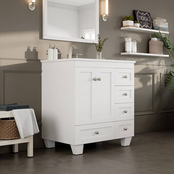 Eviva Acclaim 30 in. W x 22 in. D x 33.8 in. H Single Sink Freestanding Bath Vanity in White with White Carrara Quartz Top