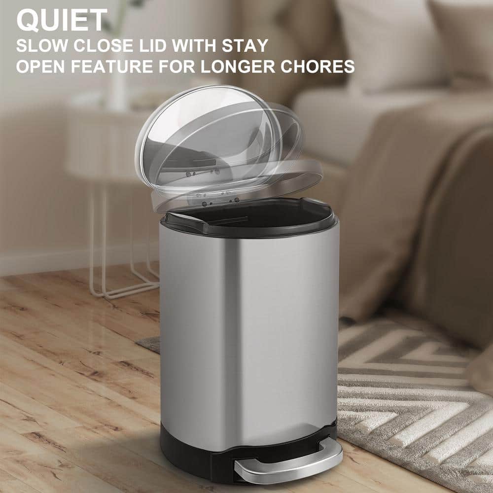 1.6 Gallon Brushed Stainless Steel Semi-Round Step-On Trash Can