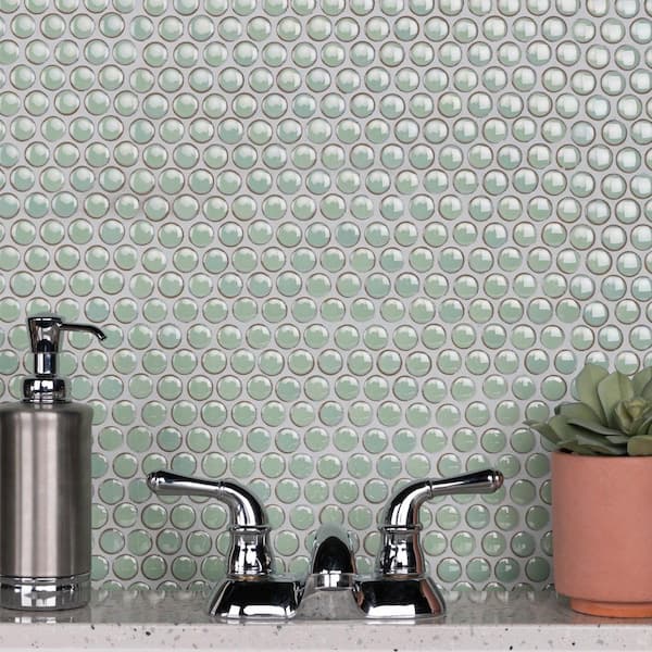 Hudson Penny Round Light Green 6 in. x 6 in. Porcelain Mosaic Take Home Tile Sample