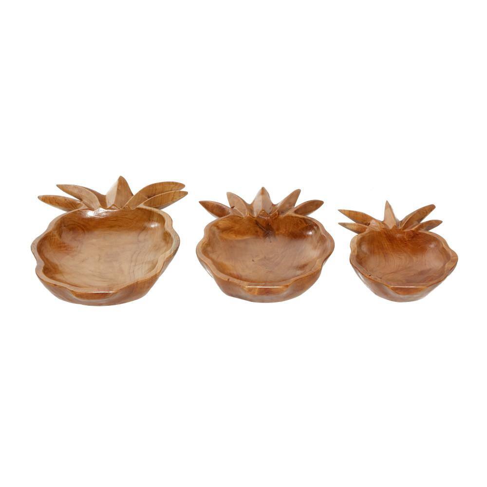 Teak Wood Handcrafted Pineapple-Shaped Decorative Bowl Set, Brown