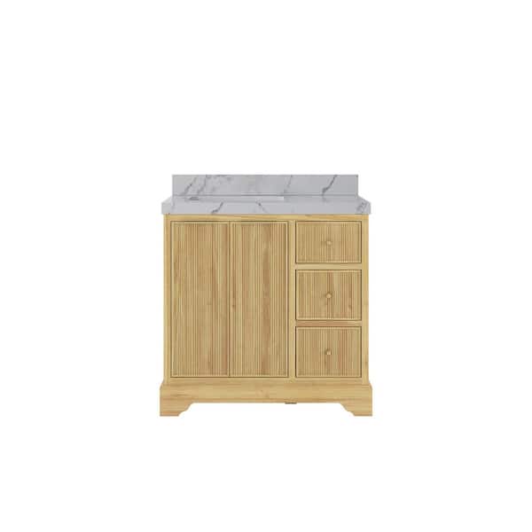 Willow Collections Austin Teak 36 in. W x 22 in. D x 36 in. H Left Offset Sink Bath Vanity in Whitewashed with 2" Venatino Quartz Top