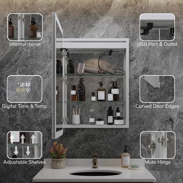 HBEZON Artemis 24 in. W x 36 in. H Small Rectangular Aluminum Rounded Edge Dimmable Medicine Cabinet with Mirror, Left Hinge