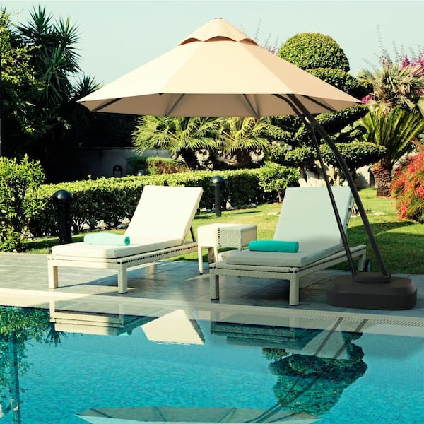 11 ft. Aluminum Cantilever Hanging Patio Umbrella with Base and Wheels in Beige