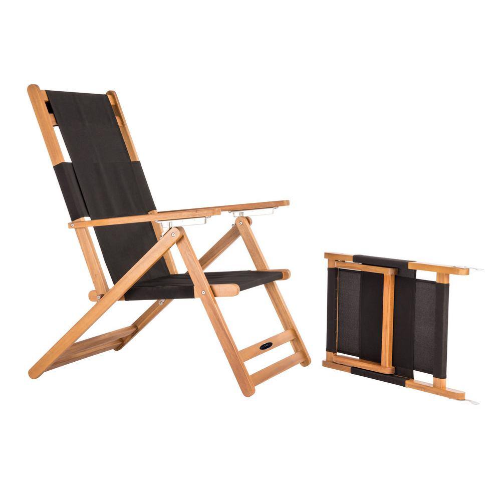 Acacia Wood and Steel Portable Lounge Chair with Detachable Footrest, Black