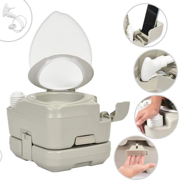 DEXTRUS Portable Toilet 2.64-Gal Camping Porta Potty with Diagonal Enlarged Bowl, Hand Sprayer and Press Flush Pump
