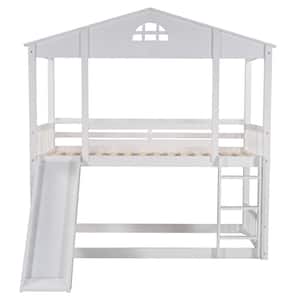 White Wood Twin over Twin House Bunk Bed with Convertible Slide and Ladder, Converts into 2 Separate Platform Beds