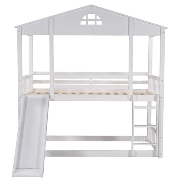 Angel Sar White Wood Twin over Twin House Bunk Bed with Convertible ...