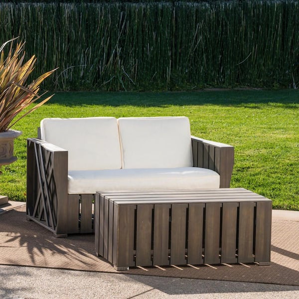 Noble House Cadence Grey 2-Piece Wood Outdoor Patio Conversation Set with Cream Cushions