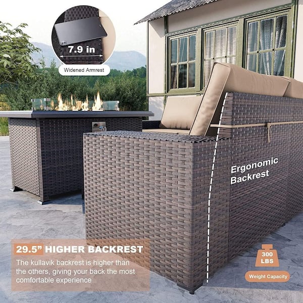 7-Piece Wicker Patio Conversation Set with 55000 BTU Gas Fire Pit Table and Glass Coffee Table and Sand Cushions