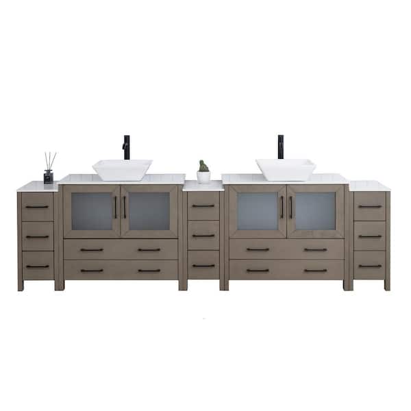 Vanity Art 108 in. W Double Basin Driftwood Gray Bath Vanity with White Engineered Marble Top and Mirror
