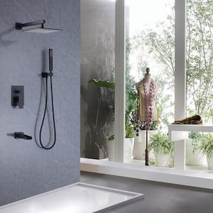 Waterfall Spout Single Handle 3-Spray Square High-Pressure Tub Shower Faucet 2.5 GPM in Matte Black (Valve Included)