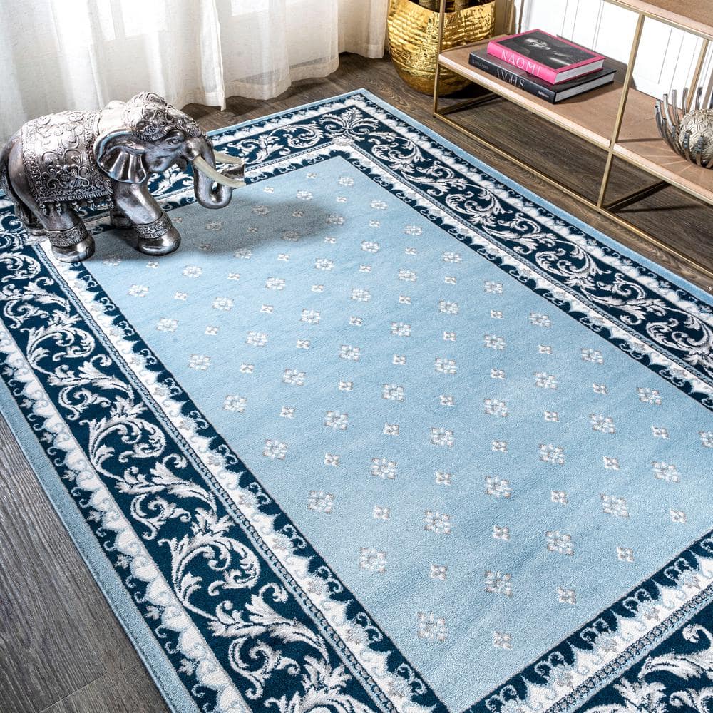 Blue and Navy Synthetic French Border 8' x 10' Area Rug