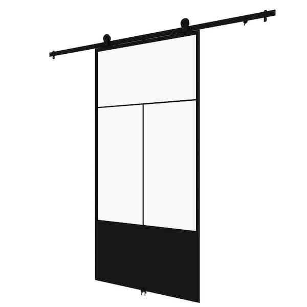 Unbranded Nation 37 in. x 84 in. 3/4 Lite Clear Glass Black Metal Finish Sliding Barn Door with Hardware Kit