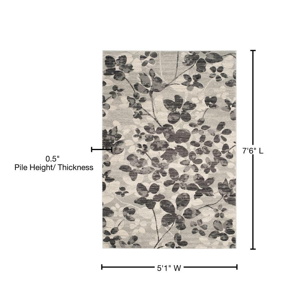 Grey and Black Floral Synthetic Rectangular Area Rug
