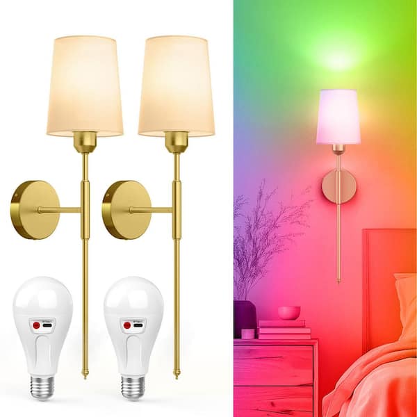 5.9 in 2 Light Modern Gold Wall Sconces with Fabric Shades, Remote Dimming Wall Light for Living Room (Set of 2)