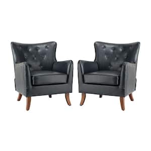 Germano Navy Vegan Leather Wingback Armchair with Wooden Legs Set of 2