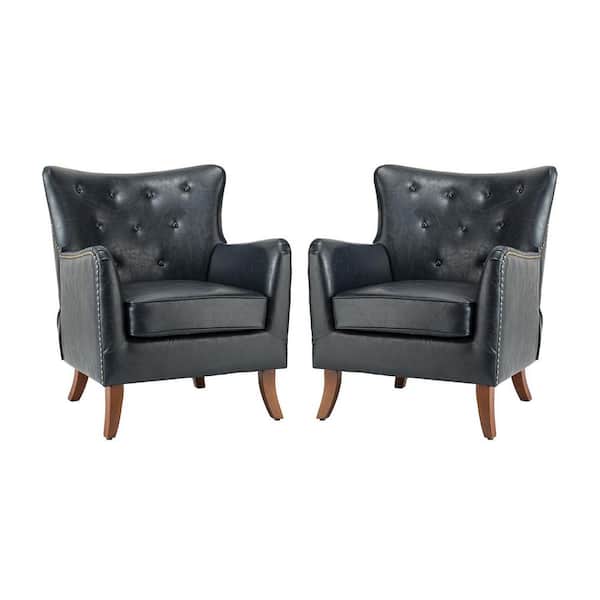 JAYDEN CREATION Germano Navy Vegan Leather Wingback Armchair with Wooden Legs Set of 2
