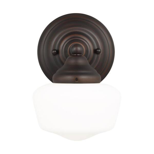Generation Lighting Academy 6.75 in. 1-Light Bronze Transitional Farmhouse Wall Sconce with Satin White Glass Shade