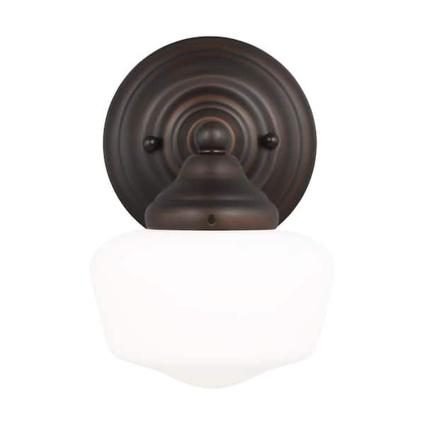 Generation Lighting Academy 6.75 in. 1-Light Bronze Transitional Farmhouse Wall Sconce with Satin White Glass Shade and LED Light Bulb