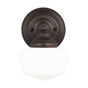 Academy 6.75 in. 1-Light Bronze Transitional Farmhouse Wall Sconce with Satin White Glass Shade and LED Light Bulb