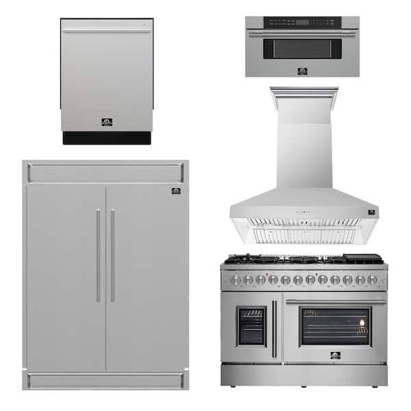 5-Pieces Range,French Door Refrigerator, 24 in. Built-In Tall Tub Dishwasher,Microwave Drawer,Range Hood Stainless Steel