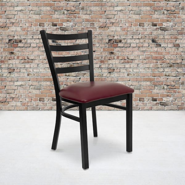 Hercules Series Black Ladder Back Metal Restaurant Chair with Burgundy Vinyl Seat