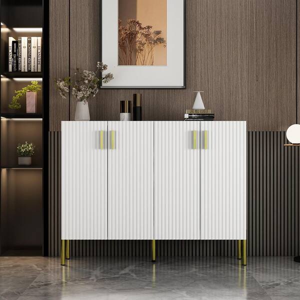 FUFU&GAGA White Wavy Finish Storage Accent Cabinets With 4-Doors 2 Cabinets, Adjustable Shelves Floor-Standing Sideboard