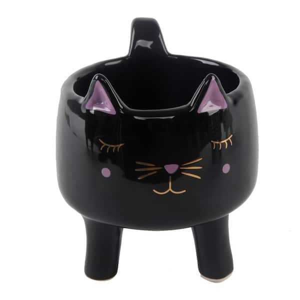 Flora Bunda 4.3 in. Black Ceramic Cat Empty Planter