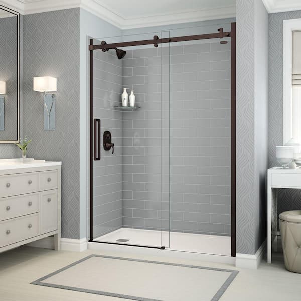 Utile Metro 32 in. x 60 in. x 83.5 in. Left Drain Alcove Shower Kit in Ash Grey with Dark Bronze Shower Door