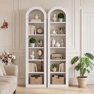 Eulas 74.8 in. Tall White Wood 5-Shelf Arched Standard Bookcase Narrow Long Bookshelf with Open Shelves (Set of 2)