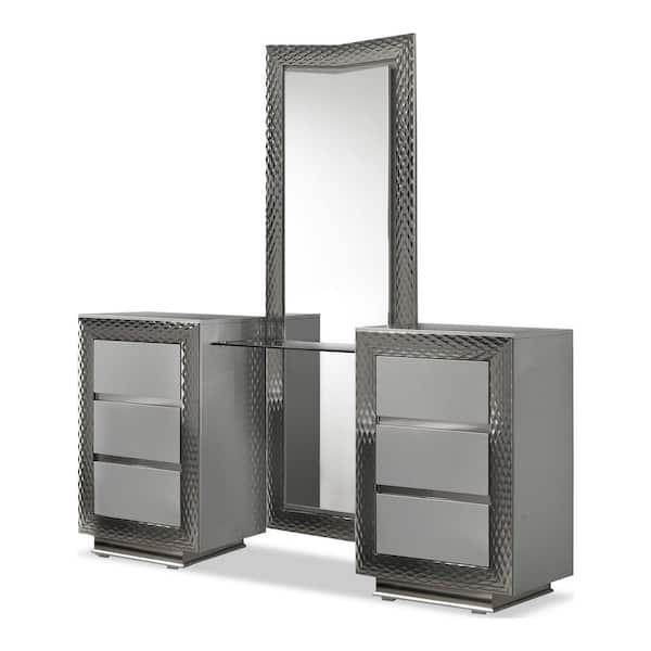 Dulce Gray Makeup Vanity Tables with LED on Mirror, Plinth Base and Silver Molding