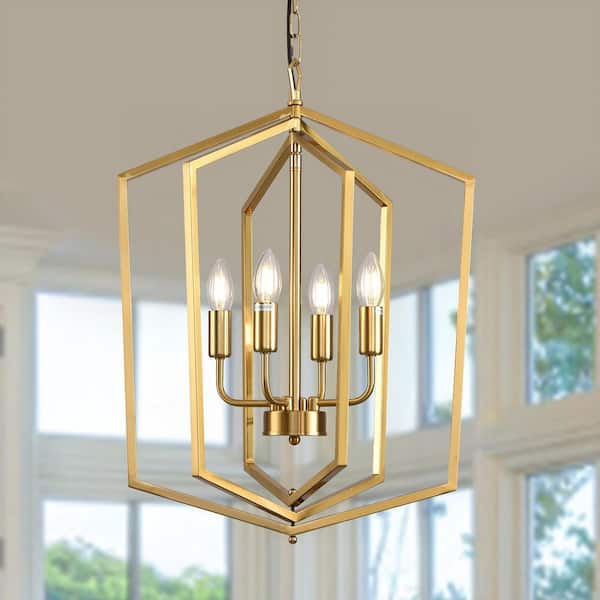 4-Light Gold Classic Traditional Farmhouse Metal Geometric Chandelier Light Fixture for Dining Room or Kitchen