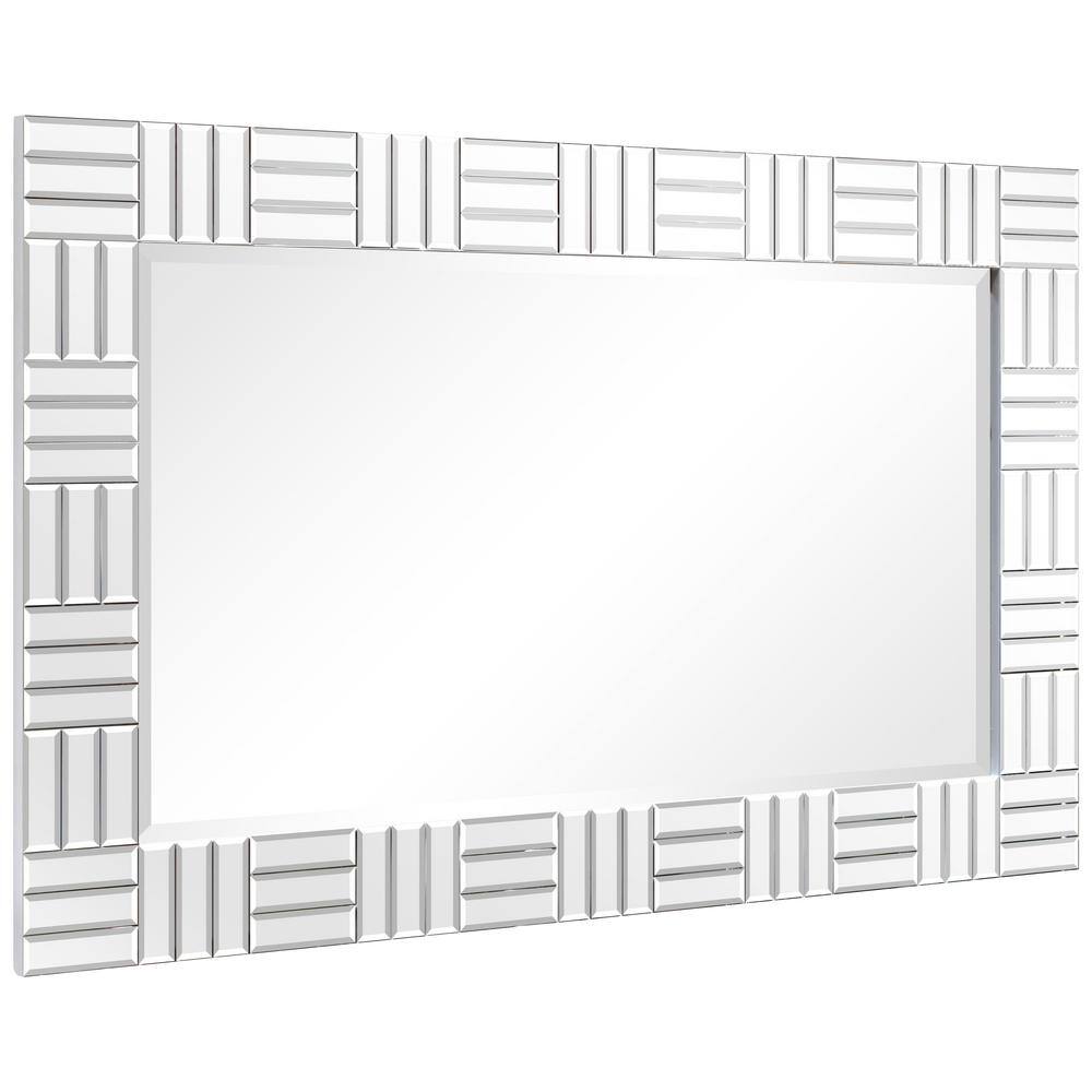 Chrome Subway Tile Rectangular Beveled Wall Mirror with Fir Wood Frame