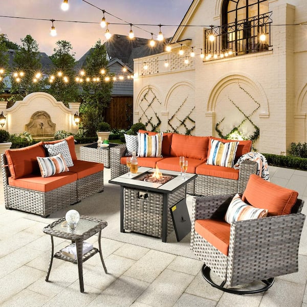 HOOOWOOO Crater Grey 9-Piece Wicker Patio Fire Pit Conversation Sofa Set with a Swivel Rocking Chair and Orange Red Cushions