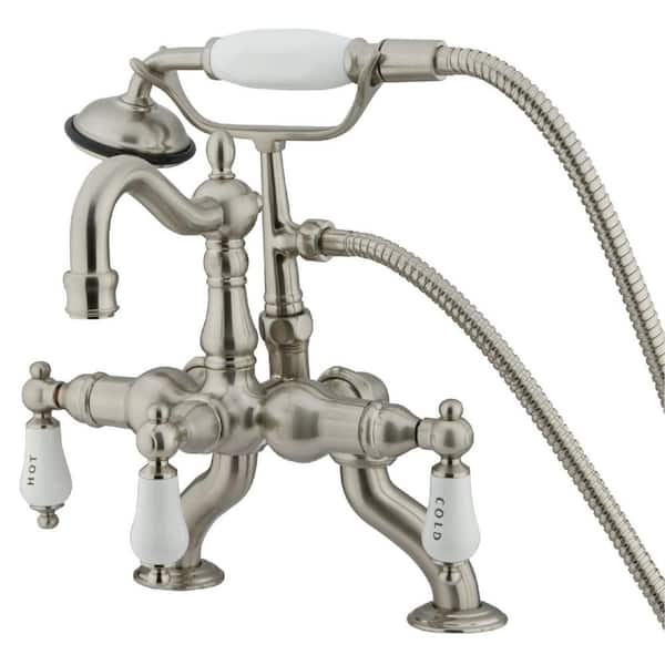 Kingston Brass Vintage 3-Handle Deck-Mount Clawfoot Tub Faucets with Hand Shower in Brushed Nickel