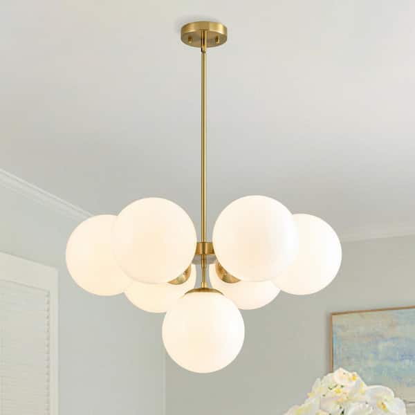 HUOKU Ceder 26.8 in.W 7-Light Antique Brass Modern/Contemporary Style Chandelier Sputnik Tiered with White Opal Glass Shades