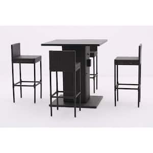 5-Piece Dark Brown Patio Outdoor Conversation Serving Bar Set with Metal Tabletop and Stools