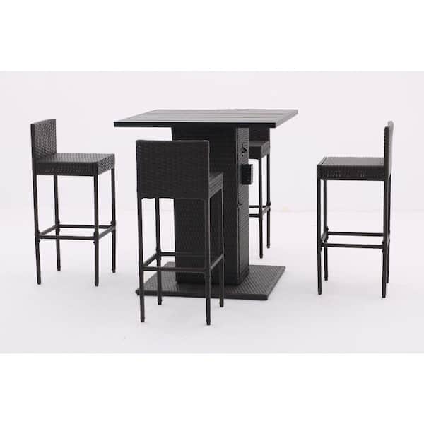 Zeus & Ruta 5-Piece Dark Brown Patio Outdoor Conversation Serving Bar Set with Metal Tabletop and Stools