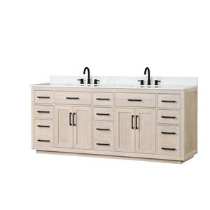 84 Milk Oak Modern Bathroom Vanity with Double Sink, White Quartz Top, Wood Cabinet, 9 Drawers, Countertop, Backsplash