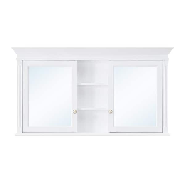 55 in. W x 30 in. H White Rectangular Wood Surface Mount Medicine Cabinet with Mirror and Shelves, 2 Soft Close Doors