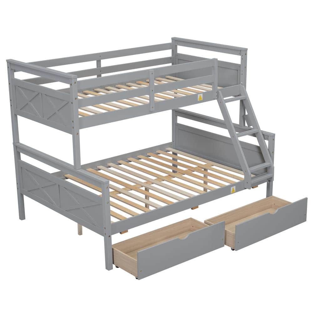 Gray Twin Over Full Pine Wood Bunk Bed with Storage Drawers