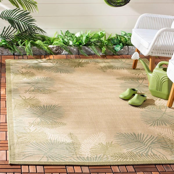 Courtyard Cream/Green 7 ft. x 7 ft. Border Abstract Palm Leaf Indoor/Outdoor Patio  Square Area Rug