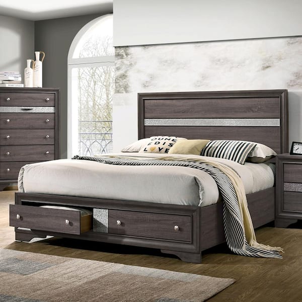 Furniture of America Ekon Gray Wood Frame Queen Platform Bed with 2-Foot Drawers