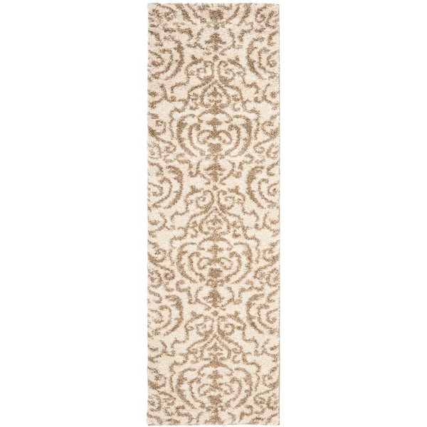 SAFAVIEH Florida Shag Cream/Beige 2 ft. x 11 ft. Floral Damask Runner Rug