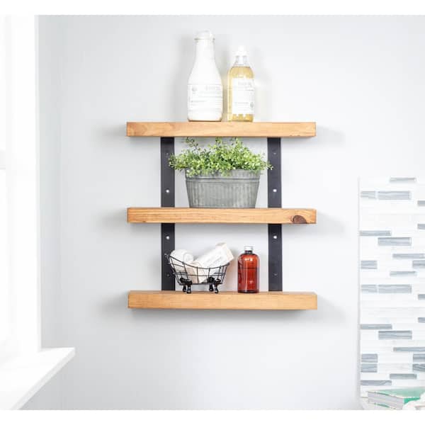 Del Hutson Designs Industrial Grace 5.5 in. x 20 in. x 20 in. Walnut Pine Wood 3-TIer Decorative Wall Shelf with Brackets