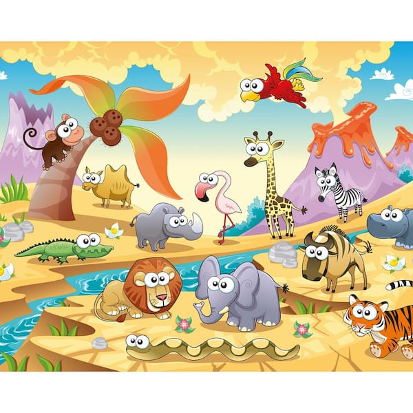 OhPopsi African Cartoon Animals With Volcanoes Wall Mural WALS0455 - The  Home Depot
