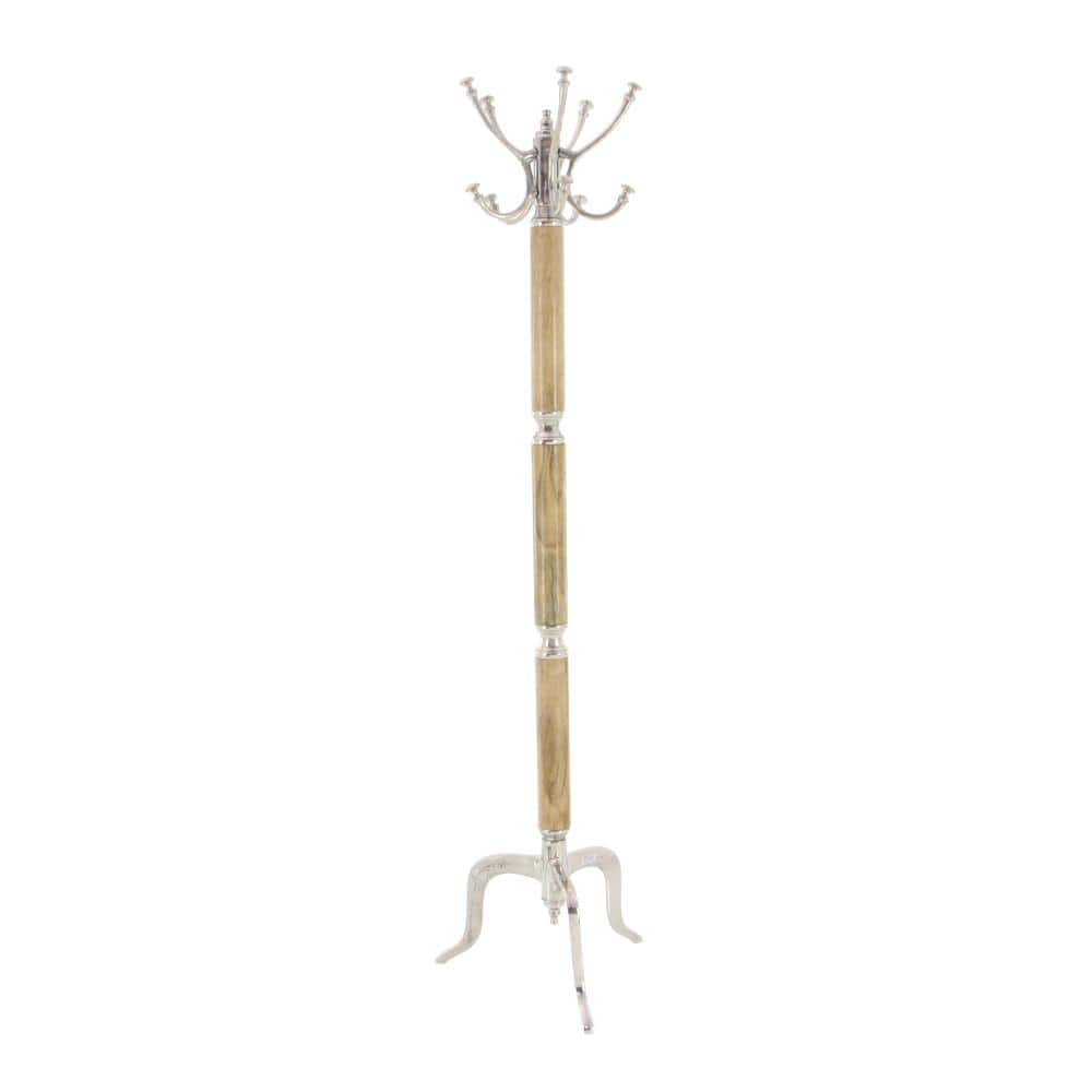 Silver and Wood Tall Coat Rack with Aluminum Hooks