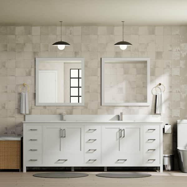 Jacques 84 in. W x 22 in. D White Double Bath Vanity, White Quartz Top, and 34 in. Mirrors