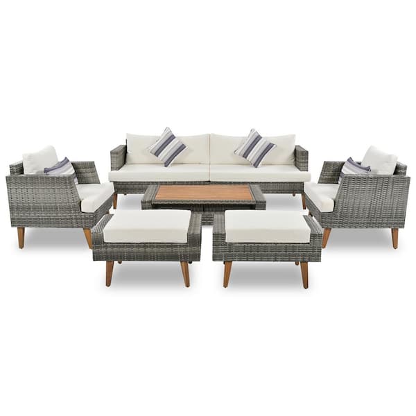 Sudzendf 6-Piece All Weather PE Wicker Outdoor Sectional Set-Gray Sofa with Double Beige Cushions