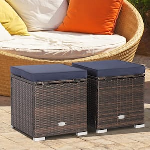 2-Piece Wicker Outdoor Ottomans Storage Box Footstool with Navy Cushions
